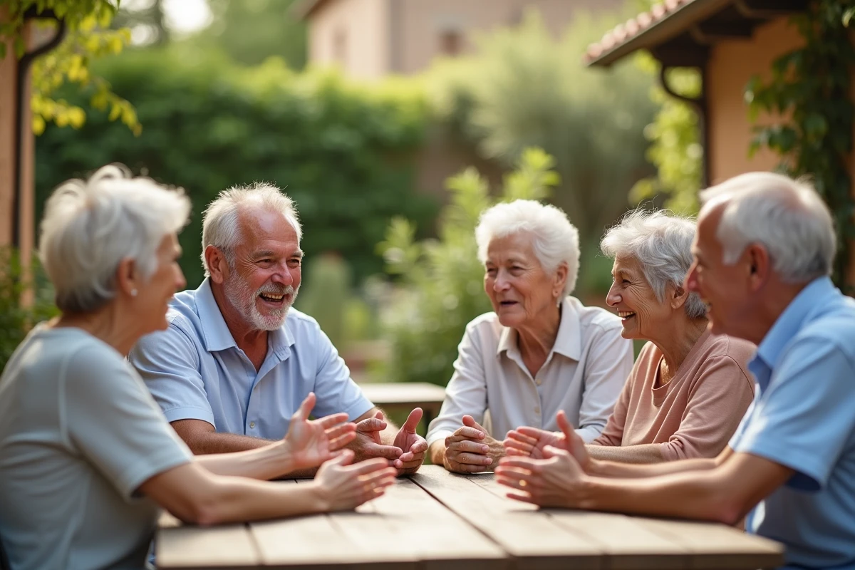 Groupe de seniors discutant sur terrasse ensoleillee a Nimes