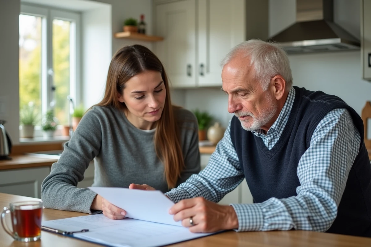 Travailleur social avec un senior dans une cuisine moderne