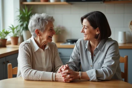 Femme âgée avec aidante partage un sourire chaleureux à la maison