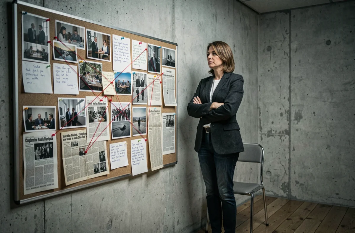 Femme examinant un tableau d'enquête avec des articles et des notes sur le drame Robert Schoulevilz