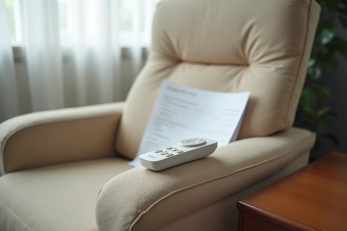 Télécommande de fauteuil releveur posée sur l'accoudoir avec une ordonnance de remboursement Sécurité sociale