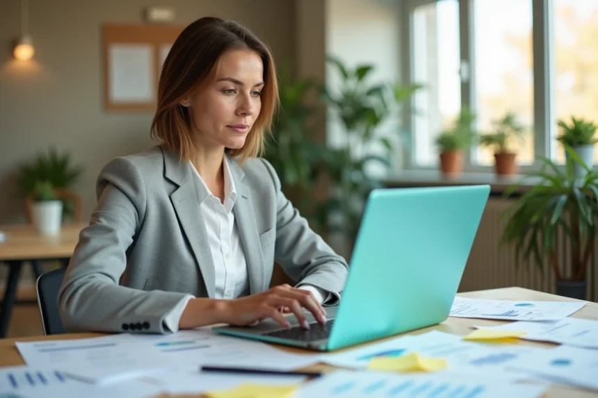 Femme professionnelle en bureau moderne remplaçant ses tableaux papier par un logiciel de gestion numérique Proxima sur laptop