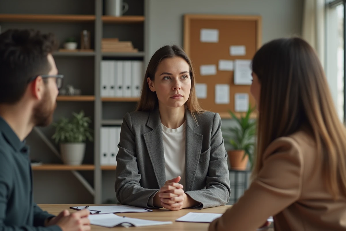Travailleuse sociale écoutant un jeune couple dans un bureau