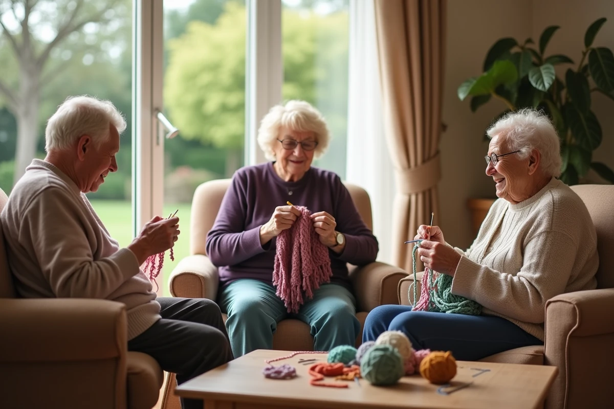 Groupe de seniors tricotant ensemble en cercle dans une salle d'activités de maison de retraite, lien social et loisir créatif