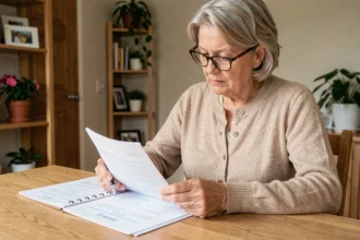Femme d'âge mûr relisant attentivement un contrat de séjour avant signature à domicile