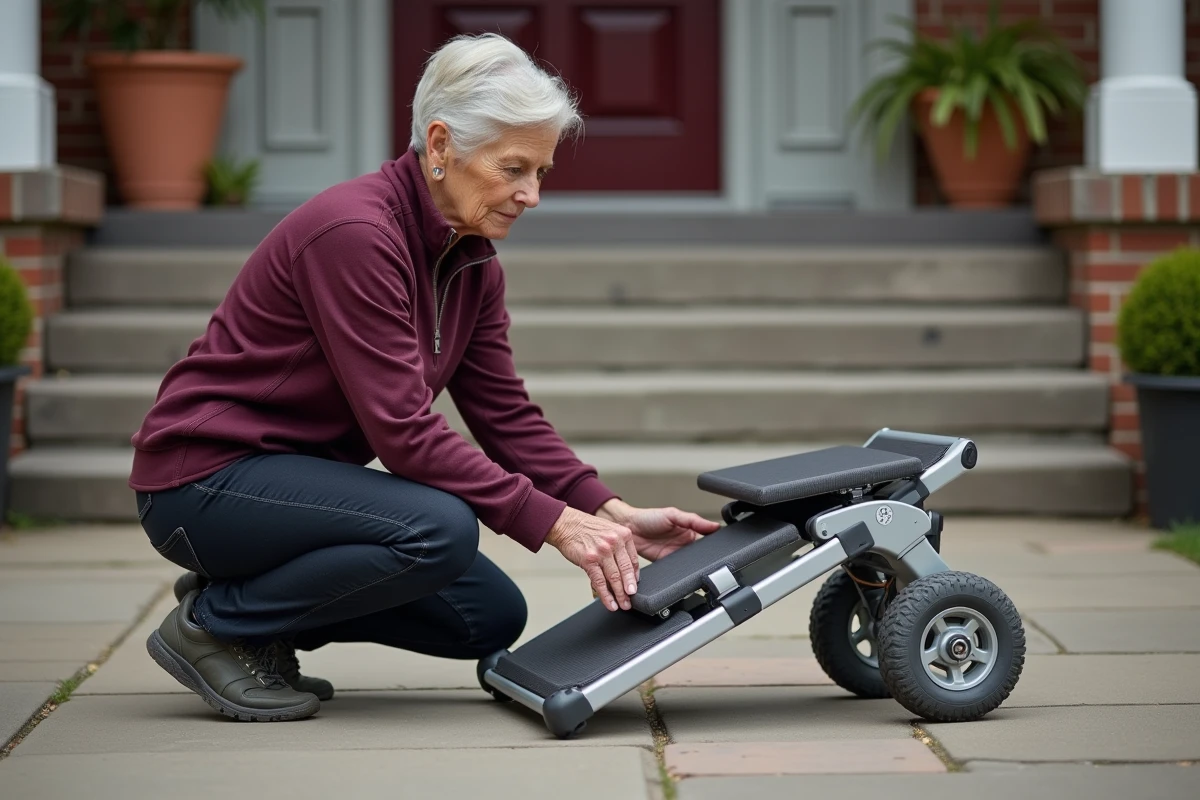 Femme inspectant les caractéristiques techniques d'un monte escalier portable avant achat
