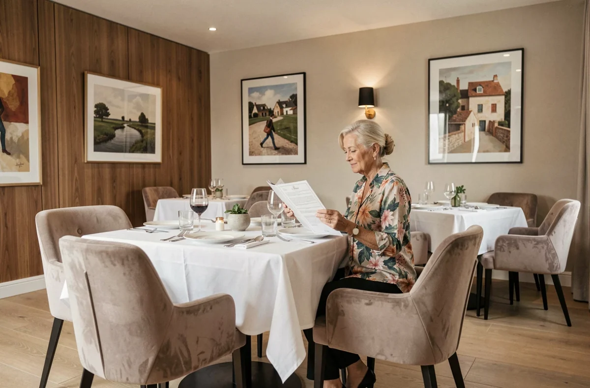 Salle à manger raffinée de Villa Beausoleil Laval avec une résidente consultant le menu du déjeuner